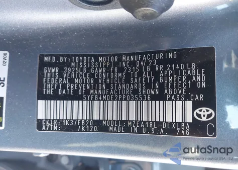 2023 Toyota Corolla Le z USA, uszkodzony, nr VIN 5YFB4MDE2PP035536